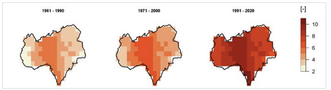 Drei farbige Karten eines Gebiets, zeigen zunehmende Rotwerte in den Perioden 1961–1990, 1971–2000 und 1991–2020
